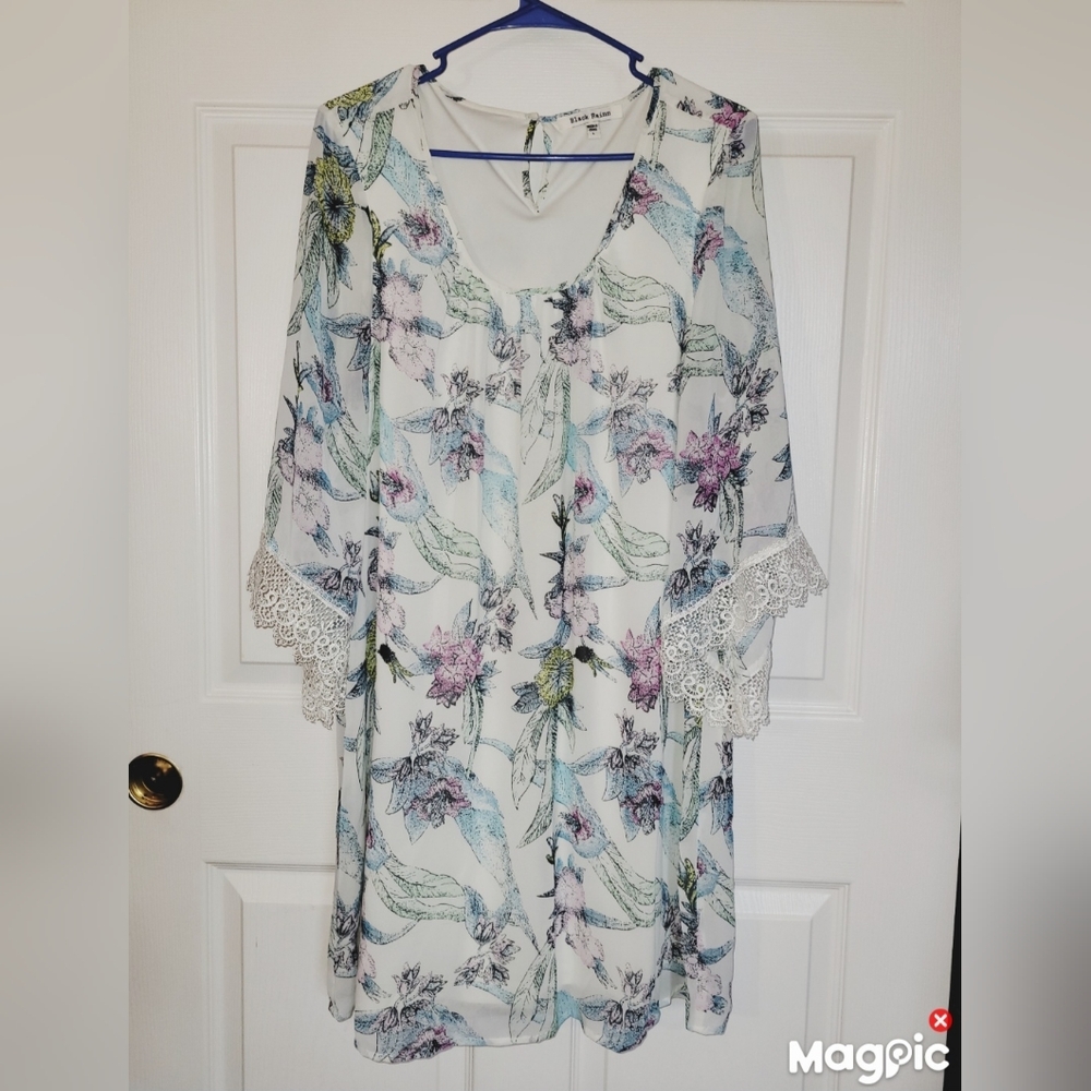 Black Rainn Pastel Floral Chiffon Shift Dress Crochet Lace Trim Angel Sleeve Lg